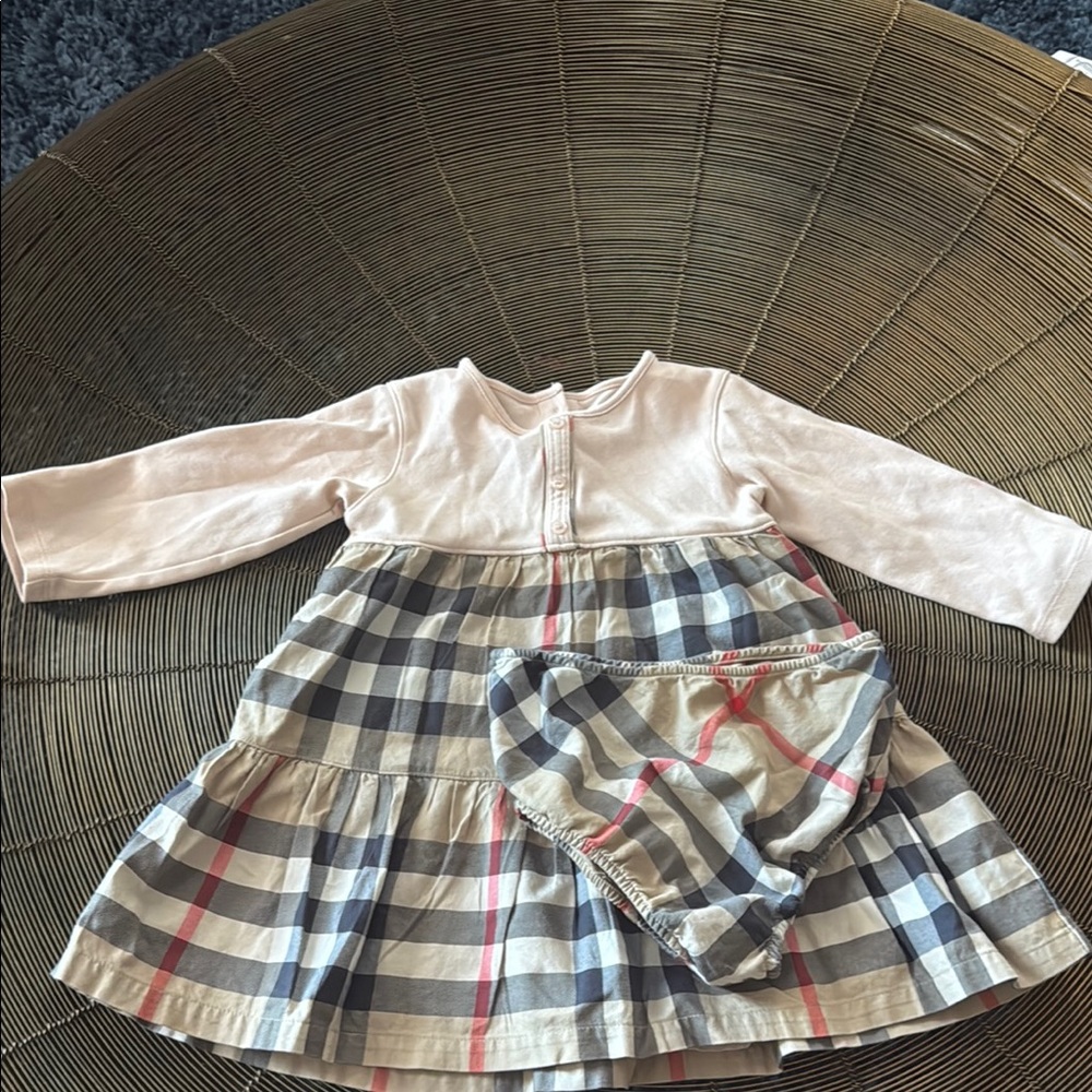 Burberry Cream and Blue Long Sleeve Sundress with Peter Pan Collar